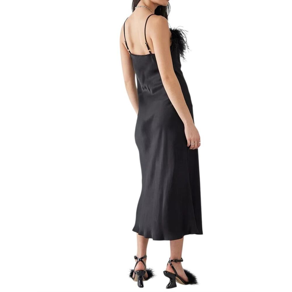Sleeper Boheme Satin Midi Slip Dress Black Ostrich Feather Trim - Picture 3 of 12